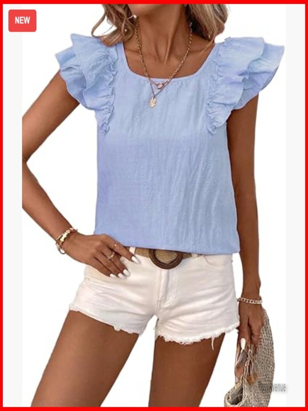 Ruffle Butterfly Sleeve Square Neck Bow Knot Textured Blouse Top